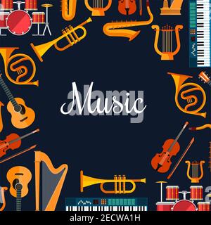 Music poster with wind and strings musical instruments. Musical orchestra placard with icons of piano, saxophone, harp, drums, maracas, guitar, violin Stock Vector