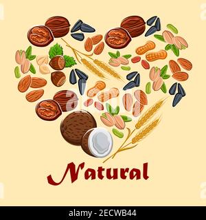 Natural nuts and cereals nutrition poster. Placard in heart shape with vector icons of coconut, almond, pistachio, sunflower seeds, peanut, hazelnut, Stock Vector