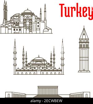 Historic landmarks, sightseeings, famous showplaces of Turkey. Vector thin line icons of Hagia Sophia, Galata Tower, Sultan Ahmed Mosque, Anitkabir fo Stock Vector