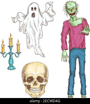 Halloween elements set of color sketch icons. Isolated characters of walking dead zombie, human skeleton smiling skull, spooky ghost, burning candlest Stock Vector