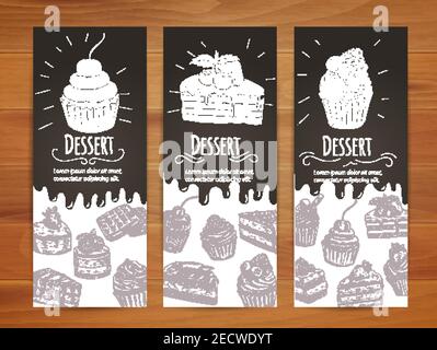 Bakery desserts and sweets posters. Cupcake with berries, cake with chery, chocolate muffin vector icons. Vector banners for confectionery, pastry, pa Stock Vector
