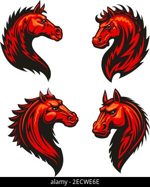 Fire horse head with thorny prickly mane. Stylized heraldic icons of furious flaming stallion. Mustang emblem symbol for sport club, team badge, label Stock Vector
