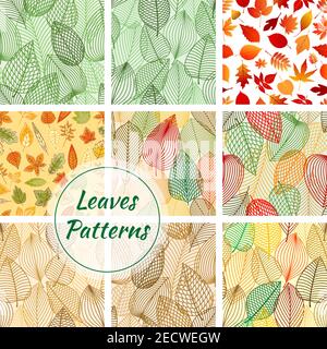 Leaves seamless patterns. Set of vector pattern with leaf icons of oak, rowan, elm, maple. Stylized line grid of plant leaf for decorative background Stock Vector