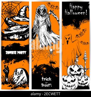 Halloween Party celebration orange posters and banners. Line sketched spooky smile pumpkin, sinister death reaper, zombie hand, cemetery tomb. Horror Stock Vector