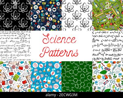 Science backgrounds with patterns. Seamless wallpaper with icons of formula, microscope, telescope, atom, dna, chemicals, substance, gene, molecule, g Stock Vector