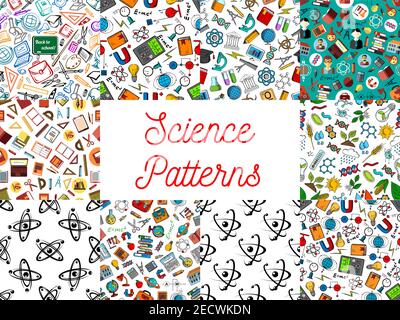Science and knowledge seamless backgrounds. Wallpaper patterns of microscope, atom, dna, chemicals, substance, gene, molecule, telescope, globe, apple Stock Vector