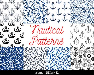 Nautical anchor and steering wheel patterns. Wallpaper with vector icons and symbols of anchor on chain, ship steering wheel Stock Vector