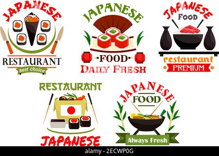Japanese food restaurant emblems. Sushi, rolls, seafood wok, salmon, sashimi, wasabi, steamed rice, bamboo chopsticks, tea, soy sauce. Oriental cuisin Stock Vector