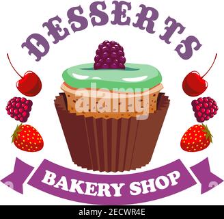 Muffin cake with berries. Bakery shop emblem. Vector icon of sweet chocolate cupcake on plate, jelly topping, strawberry, raspberry, cherry, purple ri Stock Vector