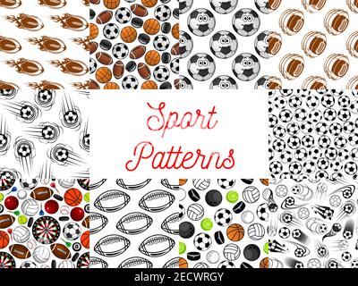 Sport objects seamless pattern. Vector pattern of ball for rugby, volleyball, soccer, football, tennis, bowling, hockey puck darts Stock Vector