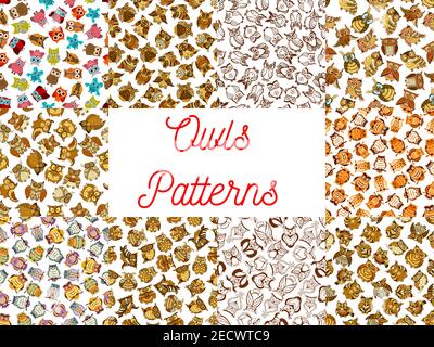 Owl seamless backgrounds. Wallpaper with vector pattern icons of cute stylized vintage artistic cartoon owls Stock Vector