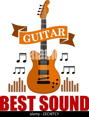 Guitar. Best sound musical emblem with vector icon of classic guitar, music notes and sound graphic equalizer Stock Vector