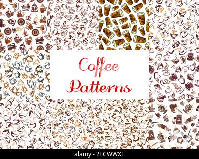 Coffee seamless pattern backgrounds. Wallpapers with vector icons of coffee cup, coffee maker, coffee machine, vintage coffee mill, retro coffee grind Stock Vector