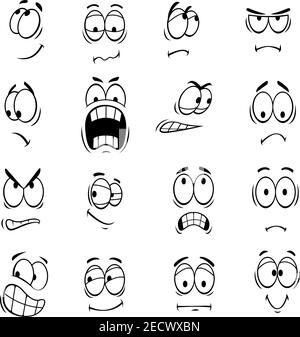 Human cartoon eyes with face expressions and emotions. Cute smiles icons for emoticons. Vector emoji elements smiling, happy, surprised, sad, angry, m Stock Vector