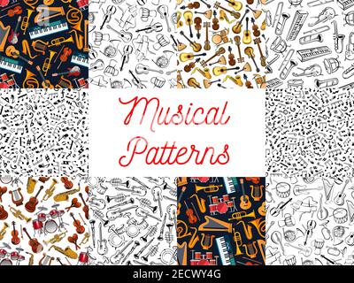 Musical instruments and notes pattern backgrounds. Seamless wallpapers with vector doodle sketch music icons of treble clef, stave, piano, saxophone, Stock Vector