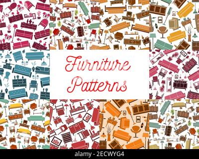 Furniture room interior elements seamless pattern. Vector pattern of retro and classic home accessories sofa, chair, armchair, lamp, wardrobe, picture Stock Vector