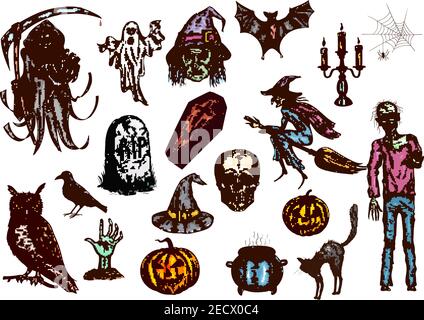 Halloween color sketch icons and elements. Isolated vector pumpkin candle, witch hat, spooky ghost, dead man, zombie hand, coffin on graveyard tomb, s Stock Vector