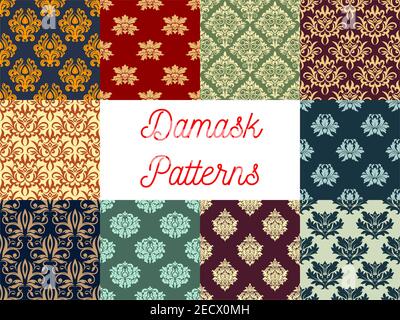 Damask ornamental decoration seamless patterns. Luxurious royal baroque ornaments and imperial decorative floral pattern tiles Stock Vector
