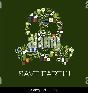 Save Earth. Environment protection symbol in shape of gas mask. Natural energy and electricity sources vector elements of leaf, water, wind, solar pan Stock Vector