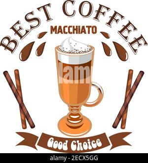 Macchiato coffee. Cafe emblem. Glass cup with layered coffee drink macchiato, cinnamon sticks and brown ribbon. Vector template for cafeteria menu, co Stock Vector
