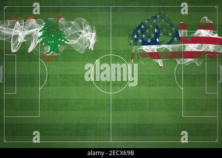 Lebanon vs United States Soccer Match, national colors, national flags, soccer field, football game, Competition concept, Copy space Stock Photo