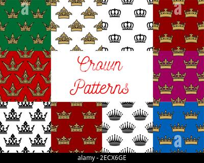 Crowns seamless patterns. Vector pattern of golden, royal, heraldic, imperial, vintage, retro monarch regal crown symbols Stock Vector