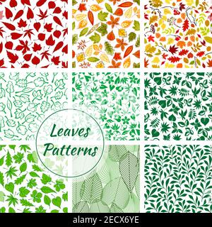 Trees foliage patterns. Green, yellow, red, orange, purple leaves of oak, maple, brown, elm with leafy branches. Isolated vector leaf silhouette outli Stock Vector