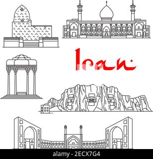 Iran architecture and landmarks vector thin line icons of Tomb of Mordecai and Esther, Shirazi Mausoleum, Shah Cheragh Mausoleum, Jama Masjid, Naqsh-e Stock Vector
