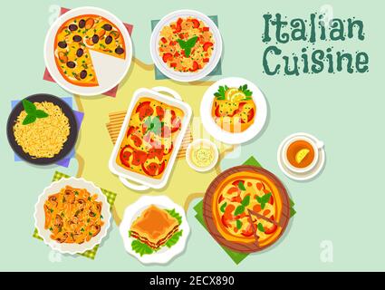 Italian cuisine marinara and margherita pizza icon with seafood, tomato and mozzarella toppings served with risotto, lasagna, mushroom pasta, chicken Stock Vector