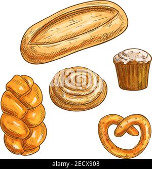 Bread sorts and bakery products icons. Vector pencil sketch ciabatta bread, cinnamon roll, muffin, baguette bagel, pretzel Stock Vector