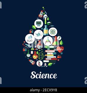 Science icon in shape of drop. Vector icons of genetics and biochemistry objects ,atom, dna, chemicals, microscope, rocket, substance, gene, molecule Stock Vector
