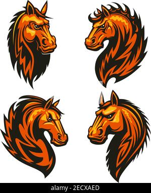 Horse head in fire shape with thorny prickly mane. Stylized heraldic emblems of furious flaming stallion for sport club, team badge, label, tattoo Stock Vector