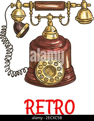 Sketch of vintage rotary dial telephone with polished wooden decorative elements. Communication technology and retro home appliance design Stock Vector