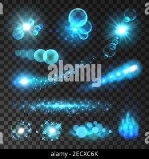 Neon blue sparkling glitter and bokeh lights. Sparkling comet tails. Shining light particles traces with lens flare effect. Burning fire flame on tran Stock Vector