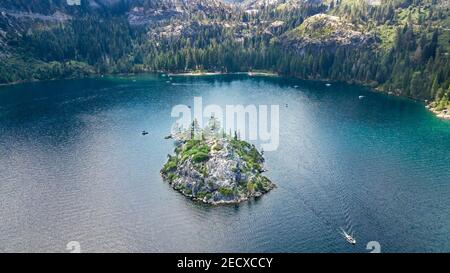 Drone view of the Fannette Island in Emerald Bay South Lake Tahoe California Stock Photo