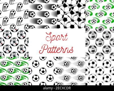 Sport seamless pattern. Vector pattern of football and soccer ball in motion, stylized, comic and cartoon style Stock Vector