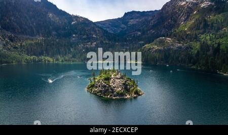 Drone view of the Fannette Island in Emerald Bay South Lake Tahoe California Stock Photo