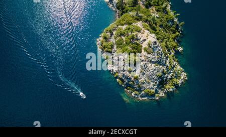 Drone view of the Fannette Island in Emerald Bay South Lake Tahoe California Stock Photo