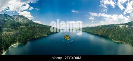 Drone panoramic view of the Emerald Bay in South Lake Tahoe California Stock Photo