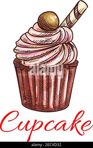 Cupcake sketch icon. Patisserie shop emblem. Vector sweet cupcake with creamy topping and caramel. Template for cafe menu card, cafeteria signboard, b Stock Vector