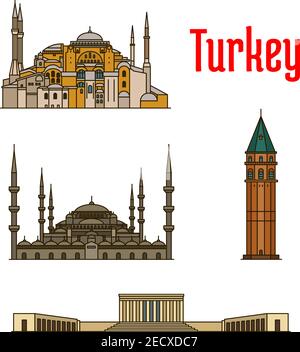 Turkey historic architecture buildings. Vector detailed icons of Hagia Sophia, Galata Tower, Sultan Ahmed Mosque, Anitkabir for souvenir decoration el Stock Vector