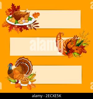 Thanksgiving Day banners with copy space template for greeting text. Vector decoration elements of thanksgiving october celebration roasted turkey on Stock Vector