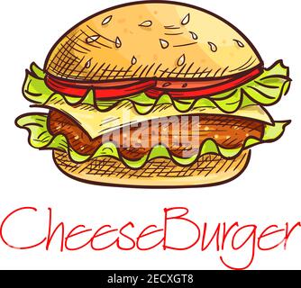 Fast food burger sketch. Takeaway cheeseburger with grilled beef, swiss cheese, tomato vegetable on wheat bun with fresh lettuce. Fast food cafe sandw Stock Vector