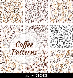 Natural coffee drinks seamless pattern set of brown coffee cup, mug and pot, saucer and spoon, decorated by coffee beans and swirling steam on white b Stock Vector