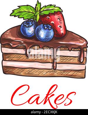 Chocolate cake sketch with vanilla cream and chocolate glaze, topped with fresh mint leaves, strawberry and blueberry fruits. Cake shop, pastry and ba Stock Vector