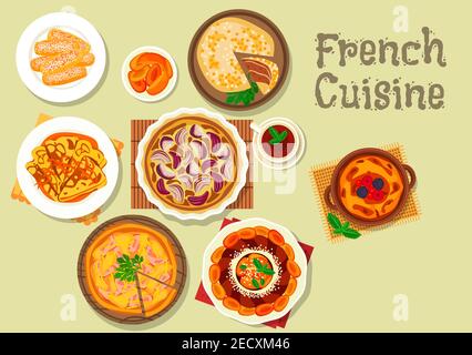 French cuisine dessert and pie icon with onion pie, meat pie with ham, pancake with orange sauce, apricot cake, creme brulee with berries, almond hard Stock Vector