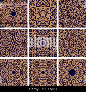 Arabic seamless floral patterns with set of orange arabesque ornaments with flowers, leaves and geometric ethnic motifs on dark blue background. Tile Stock Vector