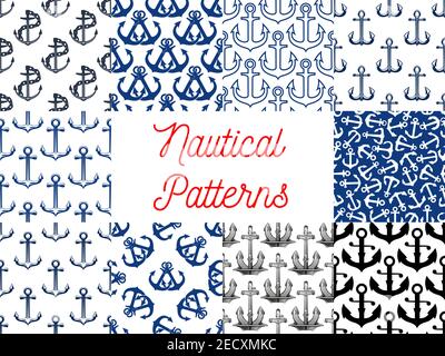 Nautical anchor patterns. Vector pattern of marine symbols anchor on chain Stock Vector