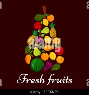Fresh fruits in a shape of pear symbol with flat icons of orange, apple, lemon, pineapple, mango, peach, plum, pear, avocado and watermelon fruits Stock Vector