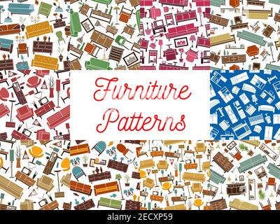 Home furniture seamless pattern backgrounds set of living room interior with sofa, chair, armchair, cabinet, bed, chest of drawers, tv set on stand, l Stock Vector